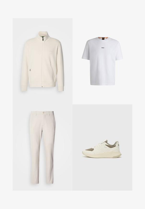 Off-white zip-up jakna s stoječim ovratnikom, dolgimi rokavi, stranskimi žepi in subtilnim logotipom "BOSS" na levem prsnem delu.; Bela bomba iz bombaža s kratkimi rokavi, ki ima črni logotip "BOSS" na sredini prsnega dela in okroglo obliko ovratnika.; Bež hlače z ozkim krojem, s sprednjim zapenjanjem na gumb, ravnim sprednjim delom in ravnim krojem nogavic, izdelane iz gladke mešanice bombaža.; Beli in svetlo bež športni copat, s mrežastim zgornjim delom, perforiranimi detajli in teksturirano srednjim delom z blagovno znamko na peti.