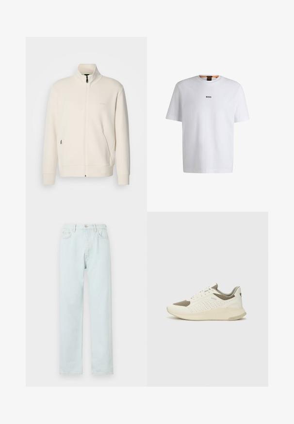 Kreemi värvi lukuga jakk kõrge kraega, pikkade varrukatega, küljetaskutega ja diskreetse "BOSS" logo ka vasakul rinnal.; Valge puuvillane T-särk lühikeste varrukatega, millel on must "BOSS" logo, mis on keskendatud rinnale, ja ümmargune kaelaava disain.; Heledad sinine sirge jala teksapüksid, millel on nööbiketmine, peen hõõrdumine ja viie tasku disain.; Valge ja heledat beeži värvi spordijalats, millel on õhuke võrkmaterjal, perforatsioonidega detailid ning tekstuuriga vahetald, millel on brändi logo kannaosas.
