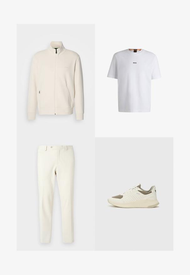 Kreemi värvi lukuga jakk kõrge kraega, pikkade varrukatega, küljetaskutega ja diskreetse "BOSS" logo ka vasakul rinnal.; Valge puuvillane T-särk lühikeste varrukatega, millel on must "BOSS" logo, mis on keskendatud rinnale, ja ümmargune kaelaava disain.; Heledad beežid püksid, mis on valmistatud siledast kangast. Omavad ees olevat lukku, nööbipaneeli ning nurga all asuvaid küljetaskuid, omades kitsast lõiget.; Valge ja heledat beeži värvi spordijalats, millel on õhuke võrkmaterjal, perforatsioonidega detailid ning tekstuuriga vahetald, millel on brändi logo kannaosas.