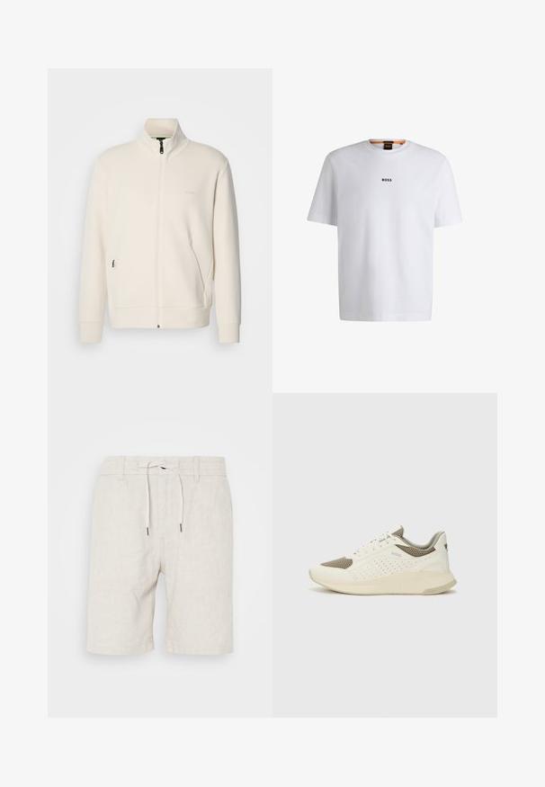 Off-white zip-up jakke med stående krage, lange ermer, sidelommer og diskré "BOSS" logo på venstre bryst.; Hvit bomulls T-skjorte med korte ermer, med en svart "BOSS" logo sentrert på brystet og rund halsdesign.; Lette shorts i lys beige med justerbart liv og snor. Har en avslappet passform og kantede kanter for komfort.; Hvit og lysebeige treningssko, med en mesh-overdel, perforerte detaljer og en teksturert mellomsåle med merkevare på hælen.