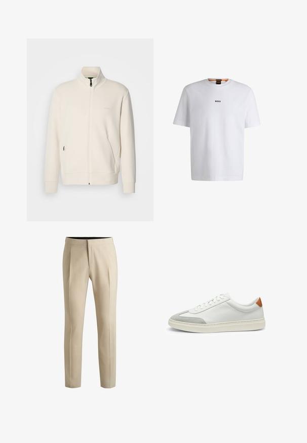 Off-white zip-up jacket with stand collar, long sleeves, side pockets, and subtle "BOSS" logo on the left chest.; White cotton T-shirt with short sleeves, featuring a black "BOSS" logo centered on the chest and a round neck design.; Beige tailored trousers with single pleats, straight legs, and a smooth texture. Features a discreet waistband and no visible hardware.; White leather sneakers with gray suede accents and a tan leather heel tab. Features a textured surface and lightweight sole.