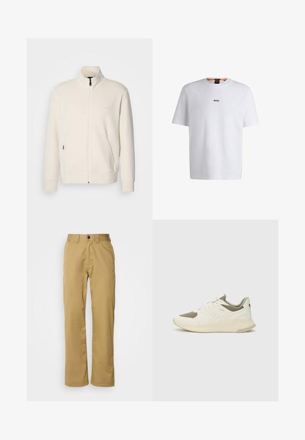 Kreemi värvi lukuga jakk kõrge kraega, pikkade varrukatega, küljetaskutega ja diskreetse "BOSS" logo ka vasakul rinnal.; Valge puuvillane T-särk lühikeste varrukatega, millel on must "BOSS" logo, mis on keskendatud rinnale, ja ümmargune kaelaava disain.; Beezid püksid, mis on valmistatud siledast kangast, standardse lõikega, kaheteistkümne küljetasku ning üksiku nööpkinnitusega vöökoht. ; Valge ja heledat beeži värvi spordijalats, millel on õhuke võrkmaterjal, perforatsioonidega detailid ning tekstuuriga vahetald, millel on brändi logo kannaosas.