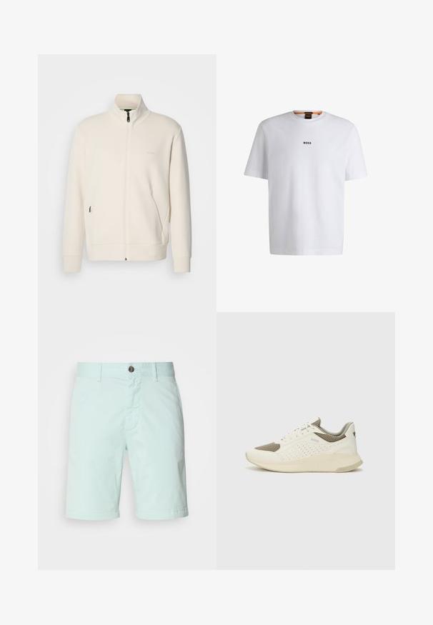 Oficialiai balta zip-up striukė su stovinčia apykakle, ilgomis rankovėmis, šoninėmis kišenėmis ir subtiliu "BOSS" logotipu kairėje krūtinės pusėje.; Balta medvilninė marškinėliai trumpomis rankovėmis, su juodu "BOSS" logotipu, centruotu ant krūtinės, ir apvaliu kaklo dizainu.; Šviesiai mėtų žalios spalvos medvilniniai šortai su užtrauktuku, mygtuko uždarymu ir šoniniais kišenėmis. Lygus paviršius su kasdieniu dizainu.; Baltas ir šviesiai bežinis sportinis kedas, su tinklo viršumi, perforuotais detalėmis ir tekstūruotu tarpine su logotipu ant kulno.