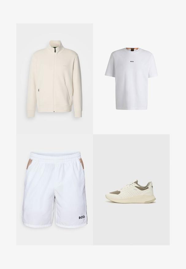 Off-white zip-up jakke med stående krage, lange ermer, sidelommer og diskré "BOSS" logo på venstre bryst.; Hvit bomulls T-skjorte med korte ermer, med en svart "BOSS" logo sentrert på brystet og rund halsdesign.; Hvite svømmedrakter med elastisk midje, to sidelommer med tan-farge detalj, og en liten svart logo på den nedre høyre leggen.; Hvit og lysebeige treningssko, med en mesh-overdel, perforerte detaljer og en teksturert mellomsåle med merkevare på hælen.