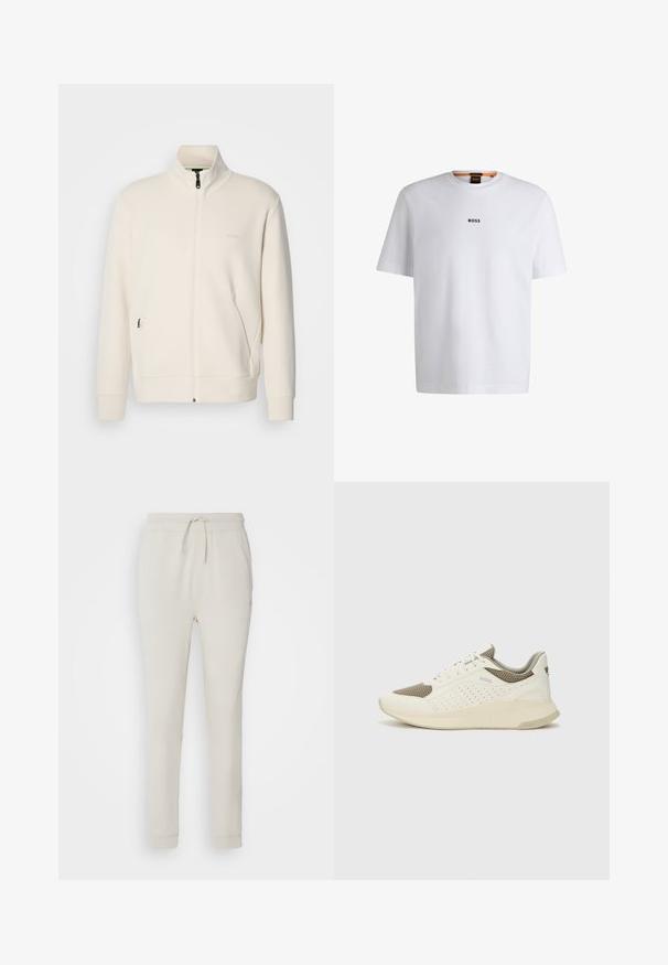 Off-white zip-up jakna s stoječim ovratnikom, dolgimi rokavi, stranskimi žepi in subtilnim logotipom "BOSS" na levem prsnem delu.; Bela bomba iz bombaža s kratkimi rokavi, ki ima črni logotip "BOSS" na sredini prsnega dela in okroglo obliko ovratnika.; Svetle bež trenirke iz mehke, teksturirane tkanine. Imajo elastičen pas z vrvico, rebraste manšete in stranske žepe. Prilagojen kroj.; Beli in svetlo bež športni copat, s mrežastim zgornjim delom, perforiranimi detajli in teksturirano srednjim delom z blagovno znamko na peti.