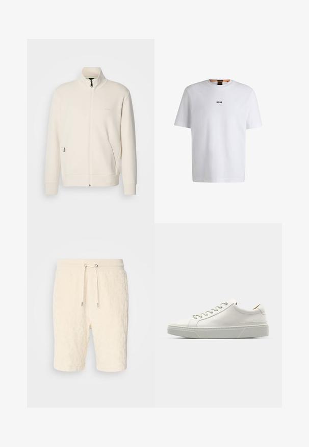 Veste zippée beige clair avec col montant, manches longues, poches latérales et logo "BOSS" discret sur la poitrine gauche.; T-shirt en coton blanc à manches courtes, avec un logo noir "BOSS" centré sur la poitrine et un design à col rond.; Shorts couleur crème en tissu texturé avec taille élastique à cordon de serrage et poches latérales, présentant un design mi-cuisse.; Baskets en cuir blanc avec un bout arrondi, design minimaliste, lacets gris et semelle en caoutchouc gris texturé. Détails de couture subtils visibles.