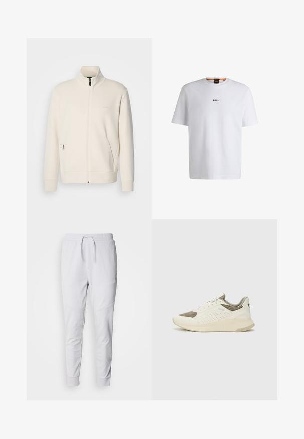 Casaco com fecho éclair em tom off-white, com colarinho elevado, mangas longas, bolsos laterais e um discreto logótipo "BOSS" no lado esquerdo do peito.; T-shirt de algodão branca com mangas curtas, apresentando um logo preto "BOSS" centrado no peito e um design de gola redonda.; Calças de jogging brancas feitas de um tecido suave, com uma cintura elástica com cordão, dois bolsos laterais e punhos canelados nos tornozelos.; Sapatilha atlética branca e bege claro, com parte superior em malha, detalhes perfurados e uma entressola texturizada com marcação no calcanhar.