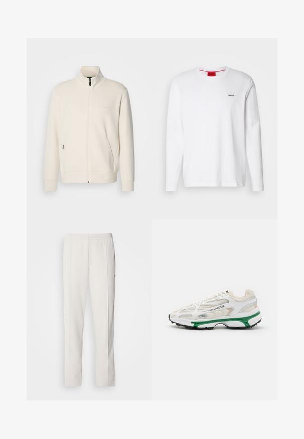 Casaco com fecho éclair em tom off-white, com colarinho elevado, mangas longas, bolsos laterais e um discreto logótipo "BOSS" no lado esquerdo do peito.; Camisa branca de mangas longas feita de algodão, com decote redondo, logotipo preto "HUGO" no lado esquerdo do peito e uma textura suave.; Lacoste Calças de fato de treino - hammam; Sapatilha branca com detalhes verdes e sola de borracha preta. Apresenta painéis em malha e sintéticos, com um acabamento texturizado e costura visível.