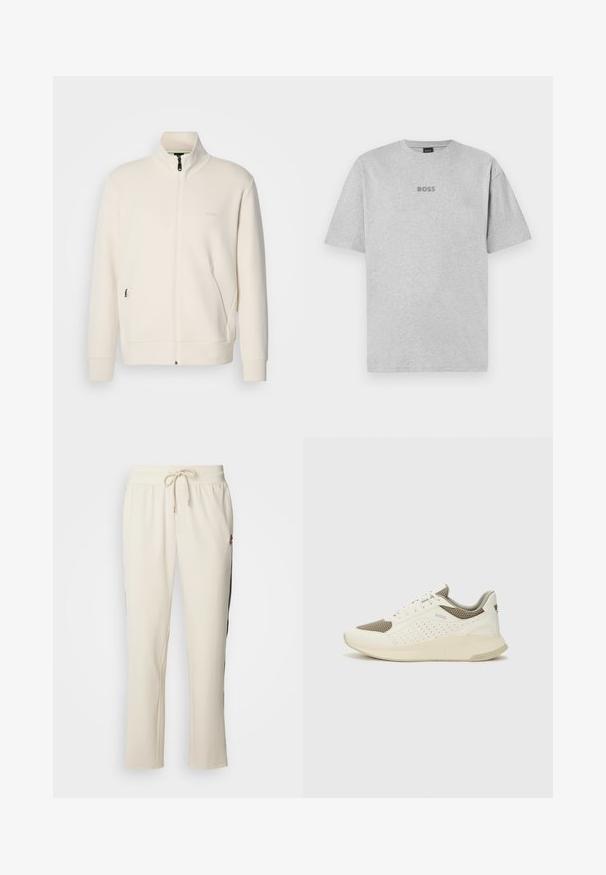 Casaco com fecho éclair em tom off-white, com colarinho elevado, mangas longas, bolsos laterais e um discreto logótipo "BOSS" no lado esquerdo do peito.; T-shirt cinza em algodão, de mangas curtas, com decote redondo, apresentando um pequeno logótipo bordado "BOSS" em cinza mais escuro, centrado no peito.; Calças de fato em algodão bege com cintura ajustável por cordão, riscas pretas nas laterais e um pequeno logótipo bordado do lado esquerdo. Confortáveis, com um corte solto.; Sapatilha atlética branca e bege claro, com parte superior em malha, detalhes perfurados e uma entressola texturizada com marcação no calcanhar.