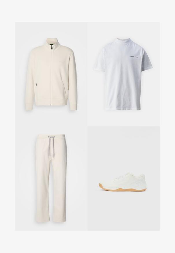Off-white Zip-Jacke mit Stehkragen, langen Ärmeln, Seitentaschen und dezenter "BOSS"-Logo auf der linken Brust.; Weißes Baumwoll-T-Shirt mit hohem Ausschnitt und kurzen Ärmeln. Mit schwarzem "SAMSØE SAMSØE" Logo auf der Vorderseite. Glatte Textur.; Beige lässige Hosen mit einem Kordelzugbund und geraden Beinen, vor einem schlichten weißen Hintergrund präsentiert.; Weiße, niedrige Sportschuhe mit gestricktem Obermaterial, beige Gummisohle, Schnürsenkeln und erhabenem "TYR"-Logo an der Ferse.