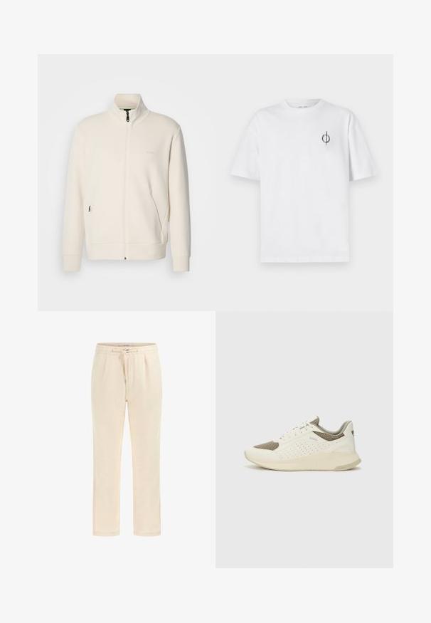 Lysbeige zip-up jakke med ståkrave, lange ærmer, sidelommer og diskret "BOSS" logo på venstre bryst.; Hvid bomulds t-shirt med en afslappet pasform, der har et lille sort grafisk logo på venstre brystområde. Korte ærmer, rund halsstil.; Beige joggers lavet af blødt stof med elastisk talje, snøre og sidelommer. Lige ben design med en glat tekstur.; Hvide og lyse beige sportssko med en mesh-overdel, perforerede detaljer og en tekstureret mellemsål med branding på hælen.