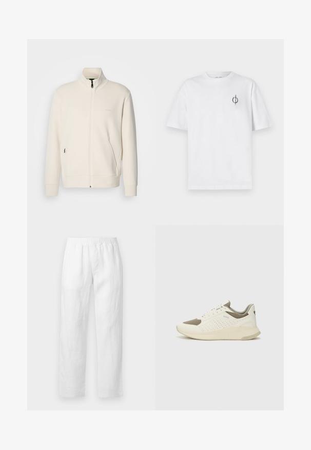 Off-white zip-up jacket with stand collar, long sleeves, side pockets, and subtle "BOSS" logo on the left chest.; White cotton t-shirt with a relaxed fit, featuring a small black graphic logo on the left chest area. Short sleeves, crew neck style.; White linen pants featuring an elastic waistband, straight-leg fit, and soft texture with no visible patterns or hardware details.; White and light beige athletic sneaker, featuring a mesh upper, perforated detailing, and a textured midsole with branding on the heel.