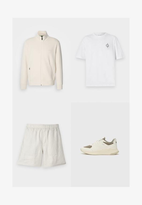 Off-white zip-up jacket with stand collar, long sleeves, side pockets, and subtle "BOSS" logo on the left chest.; White cotton t-shirt with a relaxed fit, featuring a small black graphic logo on the left chest area. Short sleeves, crew neck style.; Light beige linen shorts with an elastic waistband, featuring a relaxed fit and minimal seams for a simple, casual design.; White and light beige athletic sneaker, featuring a mesh upper, perforated detailing, and a textured midsole with branding on the heel.