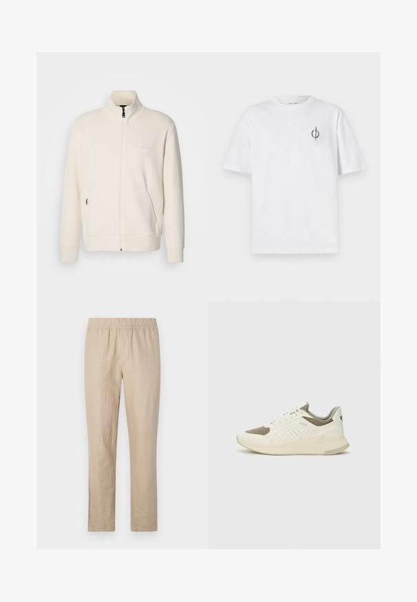 Lysbeige zip-up jakke med ståkrave, lange ærmer, sidelommer og diskret "BOSS" logo på venstre bryst.; Hvid bomulds t-shirt med en afslappet pasform, der har et lille sort grafisk logo på venstre brystområde. Korte ærmer, rund halsstil.; Beige linnedbukser med elastisk talje, lige bendesign og minimale sømme for en glat tekstur og letfølt.; Hvide og lyse beige sportssko med en mesh-overdel, perforerede detaljer og en tekstureret mellemsål med branding på hælen.