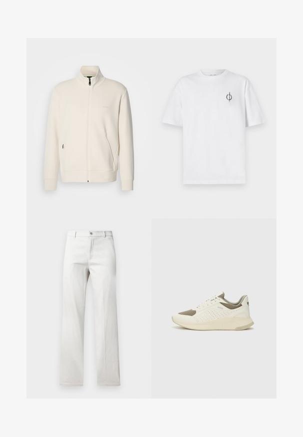 Off-white Zip-Jacke mit Stehkragen, langen Ärmeln, Seitentaschen und dezenter "BOSS"-Logo auf der linken Brust.; Weißes Baumwoll-T-Shirt mit lockerer Passform, das ein kleines schwarzes Grafiklogo auf der linken Brustseite aufweist. Kurze Ärmel, Rundhalsausschnitt.; Helle graue Hose mit geradem Bein, aus einem glatten Stoff gefertigt, mit vorderer Knopfverschluss und Seitentaschen.; Weiße und hellbeige Sport Sneakers, ausgestattet mit einem Obermaterial aus Netzgewebe, perforierten Details und einer strukturierten Zwischensohle mit Branding an der Ferse.