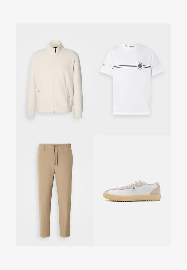 Off-white zip-up jacket with stand collar, long sleeves, side pockets, and subtle "BOSS" logo on the left chest.; White cotton t-shirt with short sleeves, featuring a green striped design and a circular Lacoste logo on the chest. Smooth texture.; Beige, tapered pants with an elastic waistband and drawstring. Smooth fabric with a clean design and no visible patterns or hardware.; Lacoste sneaker featuring a white canvas upper with beige suede accents, round toe, flat lace-up design, and a textured rubber sole.