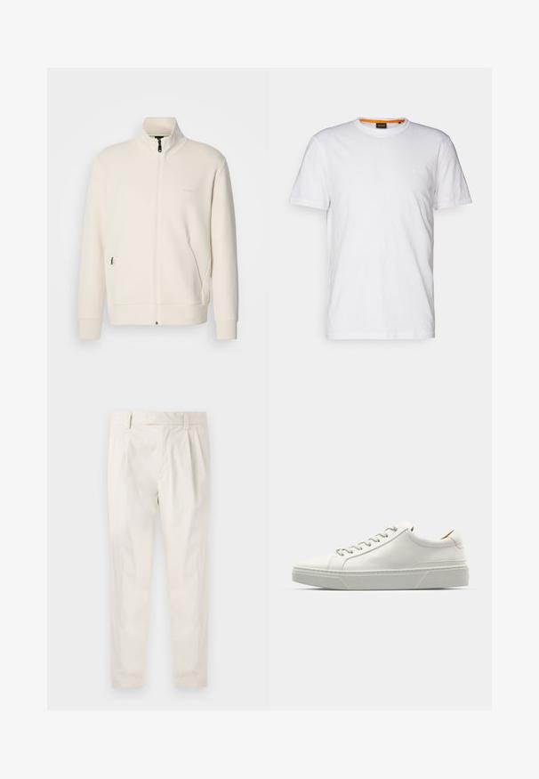 Off-white zip-up jacka med ståkrage, långa ärmar, sidofickor och subtil "BOSS"-logotyp på vänster bröst.; Vit bomulls T-shirt med rundad halsringning, korta ärmar och en diskret präglad logotyp på bröstet. Inuti finns en etikett med en orange accent.; Vita, plisserade byxor med skräddarsydd passform, med en mjuk yta, bälteshängare och avsmalnande ben. Inga synliga fickor eller mönster.; Vit läder sneakers med rund tå, minimalistisk design, grå snörning och en texturerad grå gummisula. Subtila sömnadsdetaljer synliga.