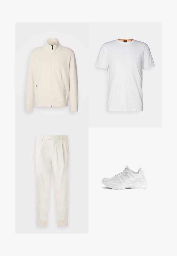 Off-white zip-up jacka med ståkrage, långa ärmar, sidofickor och subtil "BOSS"-logotyp på vänster bröst.; Vit bomulls T-shirt med rundad halsringning, korta ärmar och en diskret präglad logotyp på bröstet. Inuti finns en etikett med en orange accent.; Vita, plisserade byxor med skräddarsydd passform, med en mjuk yta, bälteshängare och avsmalnande ben. Inga synliga fickor eller mönster.; Vit sneaker med en texturerad mesh-överkonstruktion, syntetiska overlay och en tjock, konturerad sula. Har en snördesign och en dragflik.