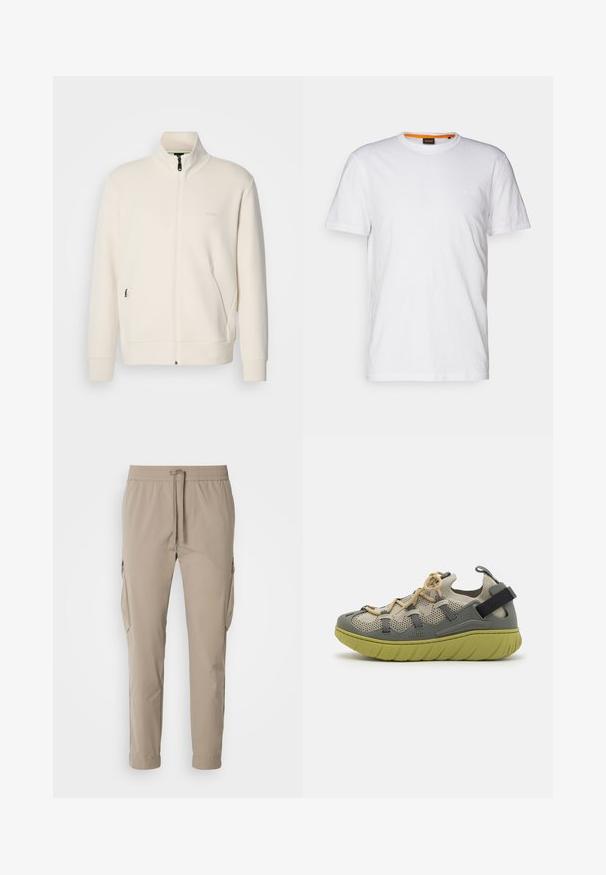 Off-white krūškurvja jaka ar uzacīšu apkakli, garām piedurknēm, sānu kabatām un diskrētu "BOSS" logo uz kreisā krūškurvja.; Balta kokvilnas T-krekls ar apaļu kakla izgriezumu, īsām piedurknēm un nemanāmu reljefa logo uz krūšu daļas. Iekšējā birka ar oranžu akcentu.; Beige kravas bikses ar elastīgu jostu un auklu. Iekļauj sānu kabatas un sašaurinātu kleitas dizainu, izgatavotas no viegla auduma.; HUGO REEFLYN - Sporta apavi - open green
