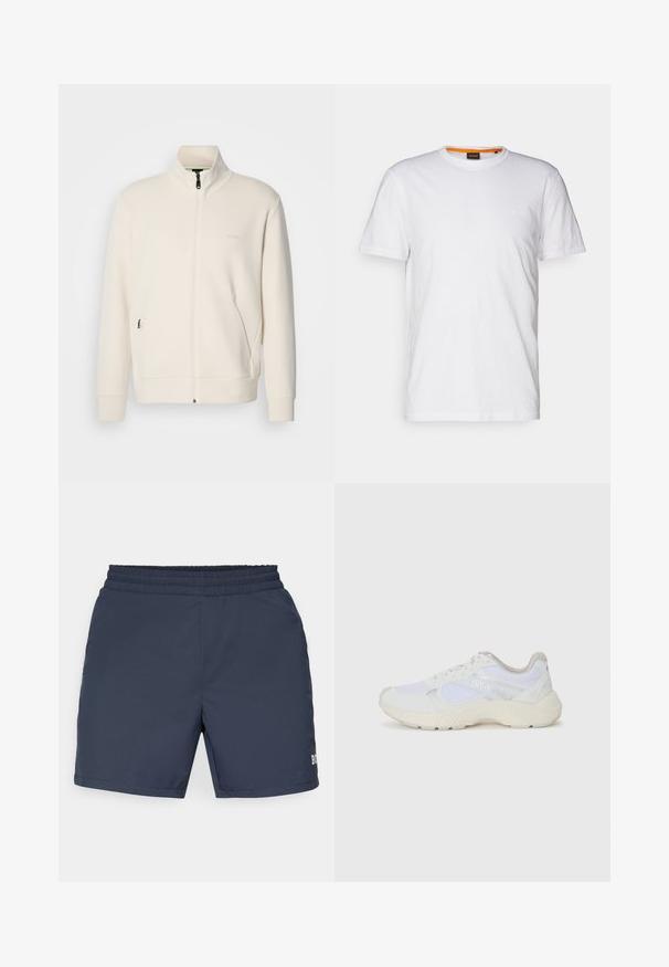 Hosszú ujjú, álló galléros, krémfehér cipzáras dzseki, oldalsó zsebekkel és diszkrét "BOSS" logóval a bal mellrészen.; Fehér pamut póló kerek nyakkivágással, rövid ujjakkal, és finoman domborított logóval a mellkason. A belső címke narancssárga akcentussal rendelkezik.; Sötétkék fürdőnadrág, könnyű anyagból készült; rugalmas derékkal és egy kis logóval a jobb alsó sarokban.; Fehér sportcipők, amelyek hálós és velúr anyagból készültek, texturált középtalppal, texturált részletekkel és a "HUGO" logóval az oldalon.