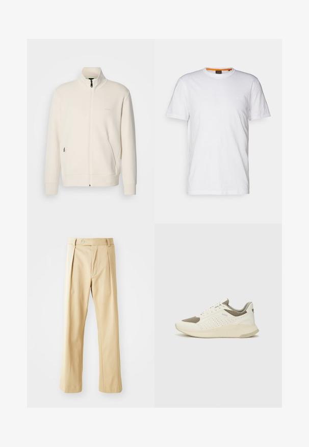 Oficialiai balta zip-up striukė su stovinčia apykakle, ilgomis rankovėmis, šoninėmis kišenėmis ir subtiliu "BOSS" logotipu kairėje krūtinės pusėje.; Balta medvilnė marškinėliai su apvalia iškirpte, trumpomis rankovėmis ir subtiliu iškilniu logotipu ant krūtinės. Viduje esantis etiketas turi oranžinį akcentą.; Bežinės kelnes su tiesiu sijonu, turinčios priekinės klostes, užsegimą mygtuku ir glotnią tekstūrą. Nėra matomų raštų ar akcentų.; Baltas ir šviesiai bežinis sportinis kedas, su tinklo viršumi, perforuotais detalėmis ir tekstūruotu tarpine su logotipu ant kulno.