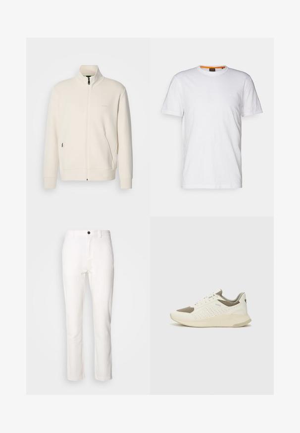 Jakna boje off-white s patentnim zatvaračem, stajaćim ovratnikom, dugim rukavima, bočnim džepovima i suptilnim logotipom "BOSS" na lijevoj strani prsnog koša.; Bijela pamučna majica s okruglim izrezom, kratkim rukavima i suptilnim ugraviranim logom na prsima. Unutarnja oznaka ima narančasti akcent.; Bijele hlače ravnog kroja, s crnim gumbom na pojasu, izrađene od glatkog materijala s blagim sjajem.; Bijele i svijetlosmeđe sportske tenisice, sa mrežastim gornjim dijelom, perforiranim detaljima i teksturiranim međutrakom sa brendom na peti.