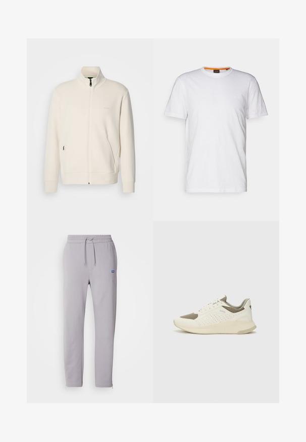 Krémová bunda na zips so stojatým golierom, dlhými rukávmi, bočnými vreckami a jemným logom "BOSS" na ľavej hrudi.; Biely bavlnený tričko s okrúhlym výstrihom, krátkymi rukávmi a jemne embosovaným logom na hrudi. Vnútorná etiketa má oranžový akcent.; Svetložluté tepláky s nastaviteľným pásom, bočnými vreckami a zipsami na členkoch. Na prednej strane sa nachádza malé modré logo.; Biele a svetlo béžové športové tenisky s hornou časťou z mriežkového materiálu, perforovanými detailmi a textúrovanou medzipodrážkou s logom na päte.
