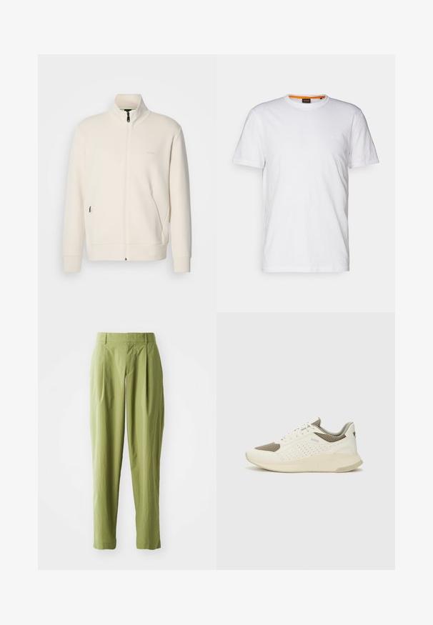 Kreemi värvi lukuga jakk kõrge kraega, pikkade varrukatega, küljetaskutega ja diskreetse "BOSS" logo ka vasakul rinnal.; Valge puuvillane T-särk ümmarguse kaelusega, lühikeste varrukatega ja rinna peal diskreetse reljeefse logoga. Siseetiketil on oranž detail.; Heledad rohelised püksid tekstuuriga kangast, sirge lõikega, ees volditud ja tavalise vöökohtaga.; Valge ja heledat beeži värvi spordijalats, millel on õhuke võrkmaterjal, perforatsioonidega detailid ning tekstuuriga vahetald, millel on brändi logo kannaosas.