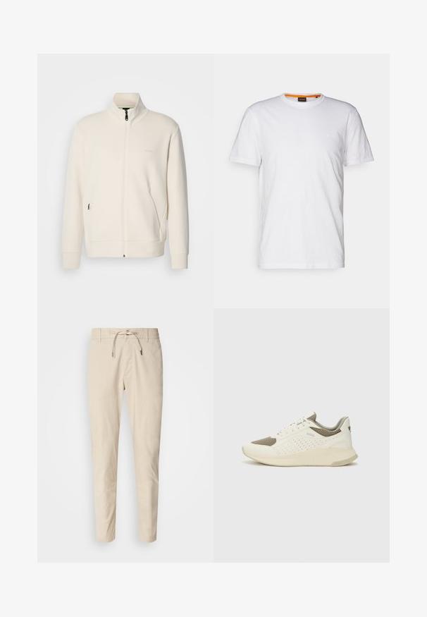 Kurtka zapinana na zamek w kolorze off-white z stójką, długimi rękawami, bocznymi kieszeniami oraz subtelnym logo "BOSS" na lewej piersi.; Biała bawełniana koszulka z okrągłym dekoltem, krótkimi rękawami oraz subtelnie wytłoczonym logo na klatce piersiowej. Wewnętrzna metka ma pomarańczowy akcent.; Jasno beżowe spodnie z gładkiego materiału, elastycznym pasem i regulowanym sznureczkiem. Zwężająca się nogawka. Brak widocznych wzorów.; Białe i jasnobeżowe sneakersy sportowe, z siateczkową cholewką, perforowanymi detalami oraz teksturowaną podeszwą śródstopia z brandingiem na pięcie.