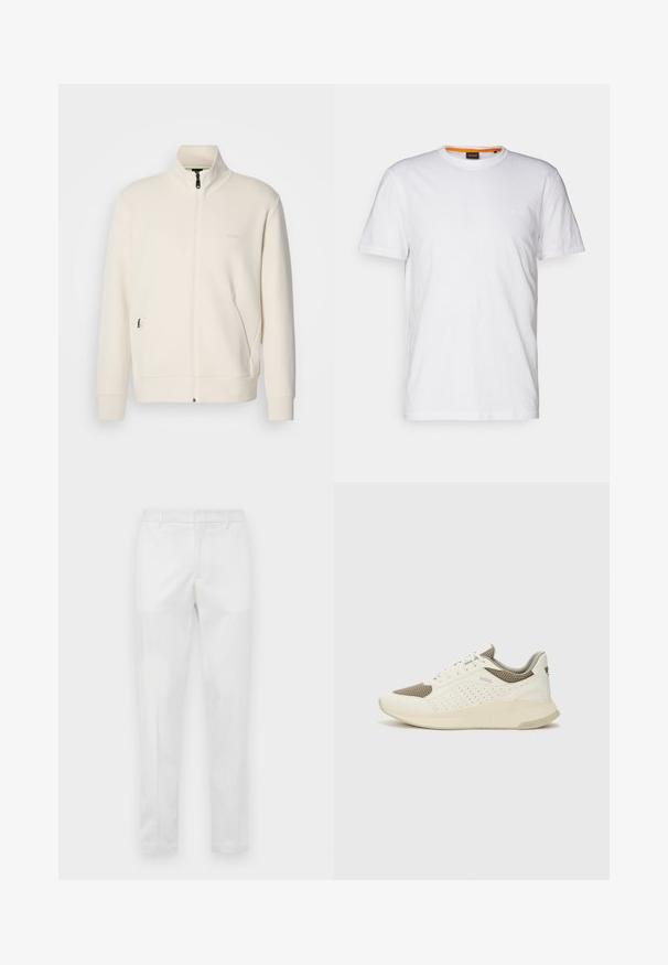 Casaco com fecho éclair em tom off-white, com colarinho elevado, mangas longas, bolsos laterais e um discreto logótipo "BOSS" no lado esquerdo do peito.; T-shirt de algodão branco com decote redondo, mangas curtas e um logo em relevo discreto no peito. A etiqueta interior tem um detalhe laranja.; Calças brancas ajustadas com passantes para cinto, fecho de correr frontal e bolsos laterais, apresentadas de forma plana sobre um fundo neutro.; Sapatilha atlética branca e bege claro, com parte superior em malha, detalhes perfurados e uma entressola texturizada com marcação no calcanhar.