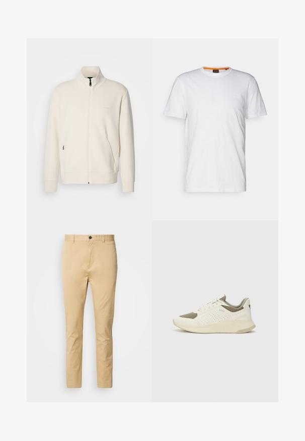 Casaco com fecho éclair em tom off-white, com colarinho elevado, mangas longas, bolsos laterais e um discreto logótipo "BOSS" no lado esquerdo do peito.; T-shirt de algodão branco com decote redondo, mangas curtas e um logo em relevo discreto no peito. A etiqueta interior tem um detalhe laranja.; Chinos bege feitos de algodão com uma textura suave. Apresentam um fecho com botão, passadores para cintos e afunilam em direção ao tornozelo.; Sapatilha atlética branca e bege claro, com parte superior em malha, detalhes perfurados e uma entressola texturizada com marcação no calcanhar.