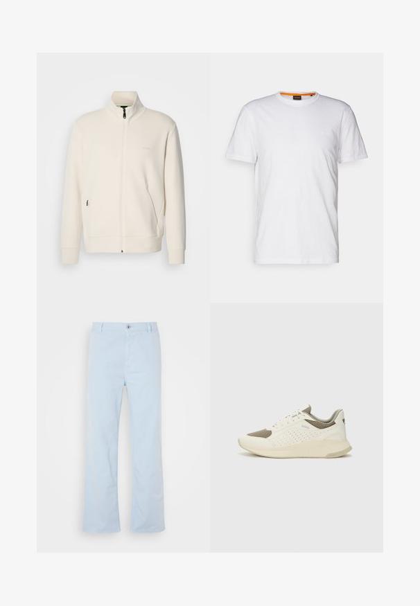 Chaqueta cremosa con cremallera y cuello alzado, mangas largas, bolsillos laterales y un discreto logo de "BOSS" en el lado izquierdo del pecho.; Camiseta de algodón blanca con cuello redondo, mangas cortas y un sutil logo en relieve en el pecho. La etiqueta interior tiene un acento naranja.; Pantalones de algodón azul claro con corte recto, cierre frontal con botón y bolsillos laterales. Textura suave y detalles de costura mínimos.; Zapatilla deportiva en blanco y beige claro, con parte superior de malla, detalles perforados y una mediasuela texturizada con la marca en el talón.