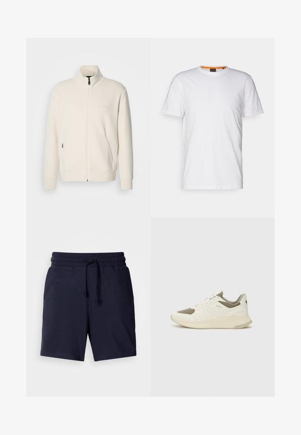 Off-white zip-up jacka med ståkrage, långa ärmar, sidofickor och subtil "BOSS"-logotyp på vänster bröst.; Vit bomulls T-shirt med rundad halsringning, korta ärmar och en diskret präglad logotyp på bröstet. Inuti finns en etikett med en orange accent.; Marinblå shorts med avslappnad passform, elastisk midja och justerbar dragrem. Lättviktig tyg med en mjuk textur.; Vit och ljusbeige atletisk sneaker med ett meshöverdrag, perforerade detaljer och en texturerad mellansula med varumärke på hälen.