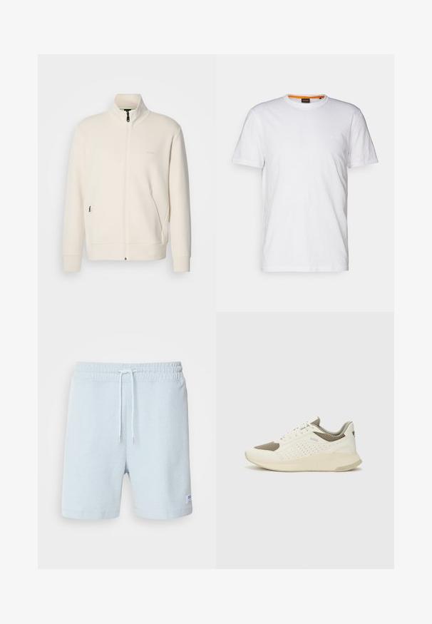 Chaqueta cremosa con cremallera y cuello alzado, mangas largas, bolsillos laterales y un discreto logo de "BOSS" en el lado izquierdo del pecho.; Camiseta de algodón blanca con cuello redondo, mangas cortas y un sutil logo en relieve en el pecho. La etiqueta interior tiene un acento naranja.; Shorts de color azul claro con canalé, cinturilla elástica, detalles de cordones y una pequeña etiqueta en el lado izquierdo. Material de algodón suave.; Zapatilla deportiva en blanco y beige claro, con parte superior de malla, detalles perforados y una mediasuela texturizada con la marca en el talón.