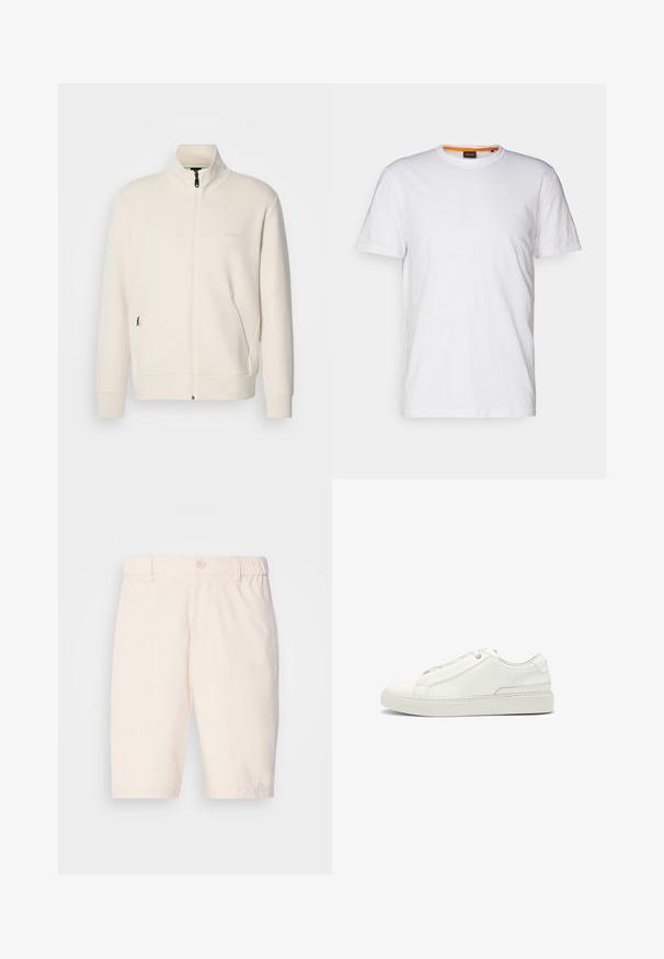 Off-white Zip-Jacke mit Stehkragen, langen Ärmeln, Seitentaschen und dezenter "BOSS"-Logo auf der linken Brust.; Weißes Baumwoll-T-Shirt mit Rundhalsausschnitt, kurzen Ärmeln und einem dezenten geprägten Logo auf der Brust. Das Innenschild hat einen orangefarbenen Akzent.; Beige Shorts aus leichtem Material mit Knopfverschluss, elastischem Bund, seitlichen Taschen und knielangem Schnitt.; Weiße Leder-Sneaker mit strukturierter Oberseite, runder Zehenform, minimalistischem Design und Gummisohle mit gestickten Details.