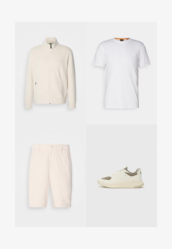 Off-white zip-up jacket with stand collar, long sleeves, side pockets, and subtle "BOSS" logo on the left chest.; White cotton T-shirt with a crew neck, short sleeves, and a subtle embossed logo on the chest. Interior tag has an orange accent.; Beige shorts made of lightweight fabric with a button closure, elasticated waistband, side pockets, and a knee-length cut.; White and light beige athletic sneaker, featuring a mesh upper, perforated detailing, and a textured midsole with branding on the heel.