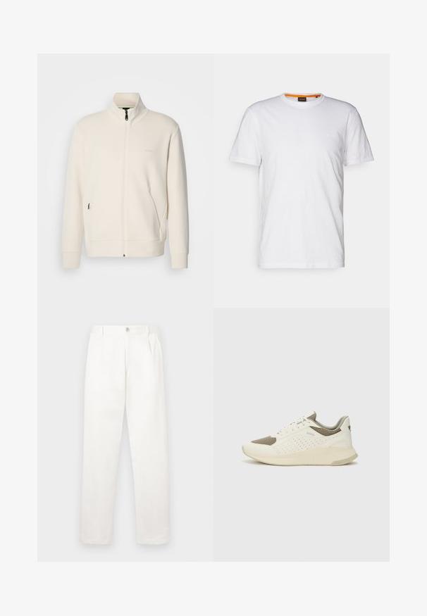 Off-white zip-up jakke med stående krage, lange ermer, sidelommer og diskré "BOSS" logo på venstre bryst.; Hvit t-skjorte av bomull med rund hals, korte ermer og en subtil preget logo på brystet. Innvendig etikett har en oransje aksent.; Hvite bukser laget av glatt stoff, med rett ben-design, frontfolder og en enkelt knappelukking i livet.; Hvit og lysebeige treningssko, med en mesh-overdel, perforerte detaljer og en teksturert mellomsåle med merkevare på hælen.