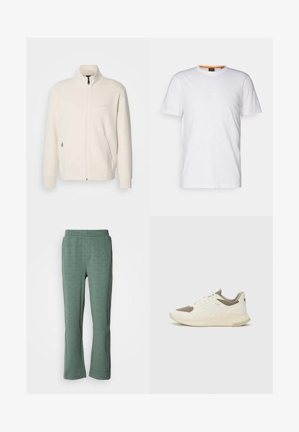 Off-white Zip-Jacke mit Stehkragen, langen Ärmeln, Seitentaschen und dezenter "BOSS"-Logo auf der linken Brust.; Weißes Baumwoll-T-Shirt mit Rundhalsausschnitt, kurzen Ärmeln und einem dezenten geprägten Logo auf der Brust. Das Innenschild hat einen orangefarbenen Akzent.; Grüne Hose mit einem strukturierten geometrischen Muster, ausgestattet mit einem dehnbaren Bund und einem leichten Schlag am Saum.; Weiße und hellbeige Sport Sneakers, ausgestattet mit einem Obermaterial aus Netzgewebe, perforierten Details und einer strukturierten Zwischensohle mit Branding an der Ferse.