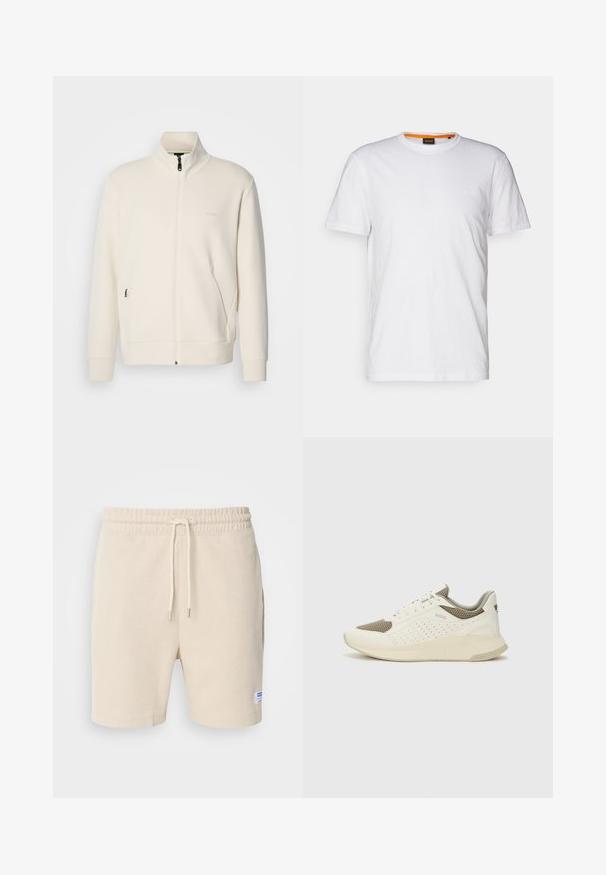 Off-white Zip-Jacke mit Stehkragen, langen Ärmeln, Seitentaschen und dezenter "BOSS"-Logo auf der linken Brust.; Weißes Baumwoll-T-Shirt mit Rundhalsausschnitt, kurzen Ärmeln und einem dezenten geprägten Logo auf der Brust. Das Innenschild hat einen orangefarbenen Akzent.; Cremfarbene Shorts aus strukturiertem Stoff. Mit elastischem Bund und Kordelzug sowie seitlichen Taschen. Kleines Etikett am Saum.; Weiße und hellbeige Sport Sneakers, ausgestattet mit einem Obermaterial aus Netzgewebe, perforierten Details und einer strukturierten Zwischensohle mit Branding an der Ferse.