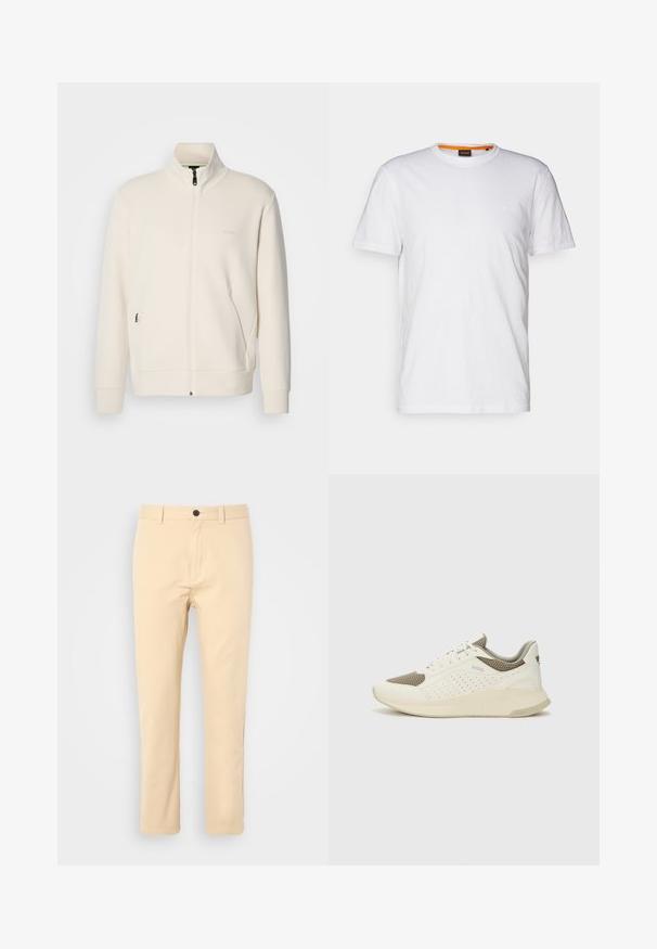 Off-white zip-up jacket with stand collar, long sleeves, side pockets, and subtle "BOSS" logo on the left chest.; White cotton T-shirt with a crew neck, short sleeves, and a subtle embossed logo on the chest. Interior tag has an orange accent.; Khaki chinos with a straight leg design, button closure, and front pockets. Smooth cotton fabric with a minimal texture.; White and light beige athletic sneaker, featuring a mesh upper, perforated detailing, and a textured midsole with branding on the heel.