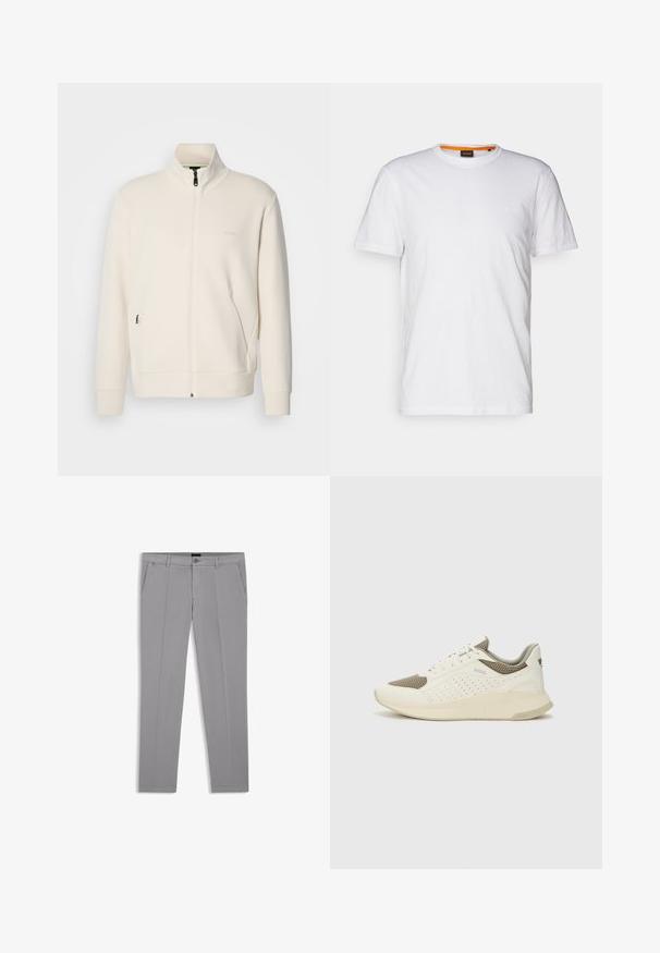 Off-white zip-up jacket with stand collar, long sleeves, side pockets, and subtle "BOSS" logo on the left chest.; White cotton T-shirt with a crew neck, short sleeves, and a subtle embossed logo on the chest. Interior tag has an orange accent.; Gray trousers made of smooth fabric, featuring a straight-leg design, front pleats, and side pockets. Minimalist style with a button closure.; White and light beige athletic sneaker, featuring a mesh upper, perforated detailing, and a textured midsole with branding on the heel.