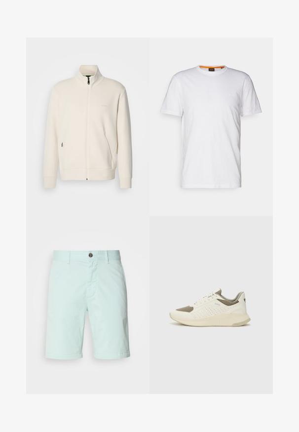 Off-white zip-up jacket with stand collar, long sleeves, side pockets, and subtle "BOSS" logo on the left chest.; White cotton T-shirt with a crew neck, short sleeves, and a subtle embossed logo on the chest. Interior tag has an orange accent.; Light mint green shorts made of cotton, featuring a zipper fly, button closure, and side pockets. Smooth texture with a casual design.; White and light beige athletic sneaker, featuring a mesh upper, perforated detailing, and a textured midsole with branding on the heel.