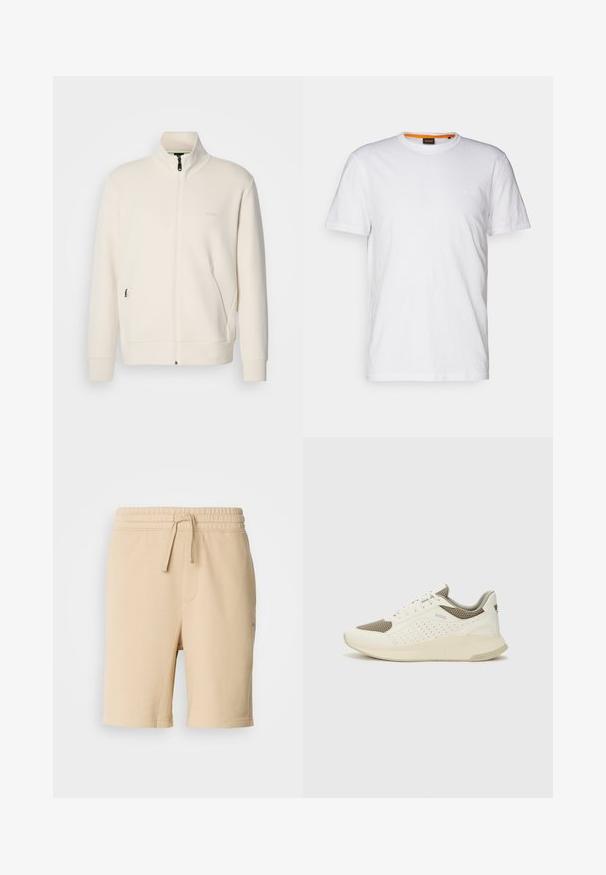 Veste zippée beige clair avec col montant, manches longues, poches latérales et logo "BOSS" discret sur la poitrine gauche.; T-shirt en coton blanc avec un col rond, des manches courtes et un logo en relief subtil sur la poitrine. L'étiquette intérieure a une touche d'orange.; Shorts en coton beige mélangé avec une taille élastique, un détail de cordon de serrage, une poche latérale et une coupe droite. Texture lisse et design simple.; Basket de sport blanche et beige clair, avec une tige en maille, des détails perforés et une semelle intermédiaire texturée avec un logo sur le talon.