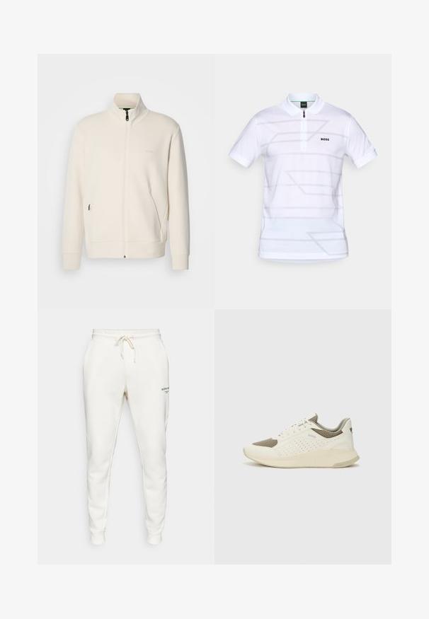 Off-white zip-up jakke med stående krage, lange ermer, sidelommer og diskré "BOSS" logo på venstre bryst.; Hvit polo skjorte med glidelås krage, med lysegrå geometriske mønstre og en svart "BOSS" logo på venstre bryst. Korte ermer.; Björn Borg ESSENTIAL PANTS - Joggebukse - cloud dancer; Hvit og lysebeige treningssko, med en mesh-overdel, perforerte detaljer og en teksturert mellomsåle med merkevare på hælen.