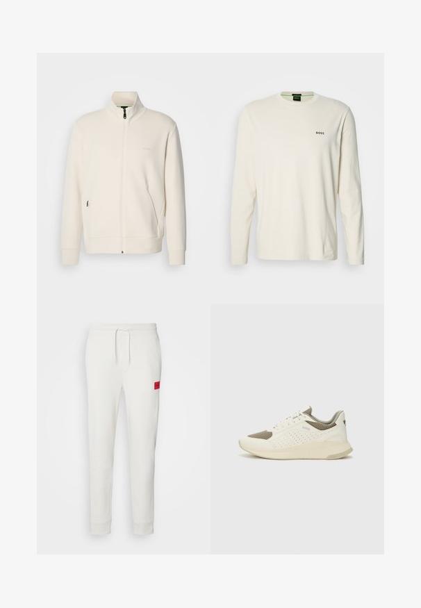 Off-white zip-up jack met staande kraag, lange mouwen, zijzakken en een subtiele "BOSS" logo op de linkerborst.; Crème lange mouwen t-shirt van katoen, met een ronde hals en een klein zwart 'BOSS' logo op de borst. Glad, lichtgewicht materiaal.; HUGO DOAK - Trainingsbroek - natur; Witte en lichtbeige sport sneaker, met een bovenwerk van mesh, geperforeerde details en een gestructureerde tussenzool met branding op de hiel.