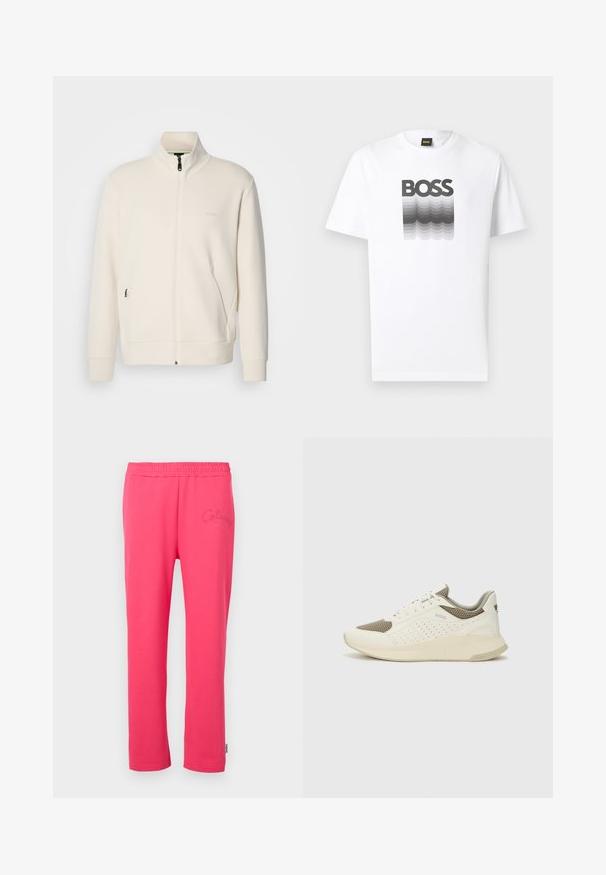 Valkoinen vetoketjullinen takki, jossa on pystykaulus, pitkät hihat, sivutaskut ja huomaamaton "BOSS"-logo vasemmassa rinnassa.; Valkea lyhythihainen t-paita, jossa musta ja harmaa liukuvärinen aaltoaihe ja keskellä rintaa rohkea "BOSS"-teksti.; Vaaleanpunaiset puuvillaiset olohousut, joissa on joustava vyötärö ja brodeerattu logo edessä. Muotoilu on suora lahje.; Valkoinen ja vaaleanbeige urheilukengät, joissa on verkkomateriaali yläosa, rei'itettyjä yksityiskohtia ja teksturoitu välipohja, jossa on brändäys kantapäässä.