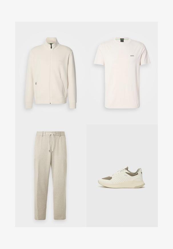 Oficialiai balta zip-up striukė su stovinčia apykakle, ilgomis rankovėmis, šoninėmis kišenėmis ir subtiliu "BOSS" logotipu kairėje krūtinės pusėje.; Medvilnės marškinėliai kreminės baltumo su apvalia apykakle. Papuošti mažu juodu "BOSS" logotipu krūtinėje. Standartinio kirpimo ir trumpomis rankovėmis.; Šviesiai smėlio spalvos sportinės kelnės su elastingu juosmeniu, raišteliu ir užverčiama apačia, pagamintos iš minkštos, tekstūruotos medžiagos.; Baltas ir šviesiai bežinis sportinis kedas, su tinklo viršumi, perforuotais detalėmis ir tekstūruotu tarpine su logotipu ant kulno.