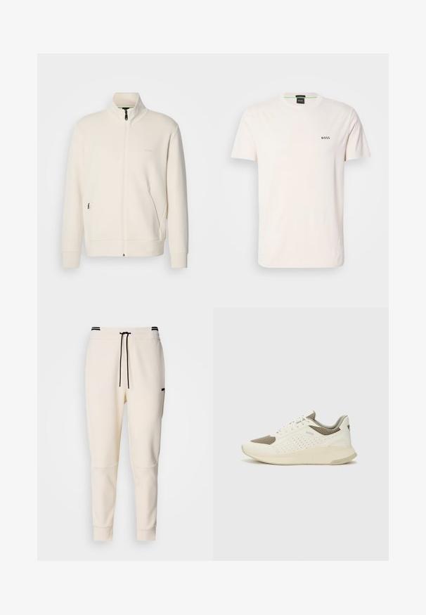 Off-white zip-up jacka med ståkrage, långa ärmar, sidofickor och subtil "BOSS"-logotyp på vänster bröst.; T-shirt i bomull i off-white med rund halsringning. Försedd med en liten svart "BOSS"-logotyp på bröstet. Normal passform och korta ärmar.; Krämfärgade joggbukser med elastiskt midjeband och snörning, svarta detaljer, avsmalnande ben och sidofickor.; Vit och ljusbeige atletisk sneaker med ett meshöverdrag, perforerade detaljer och en texturerad mellansula med varumärke på hälen.