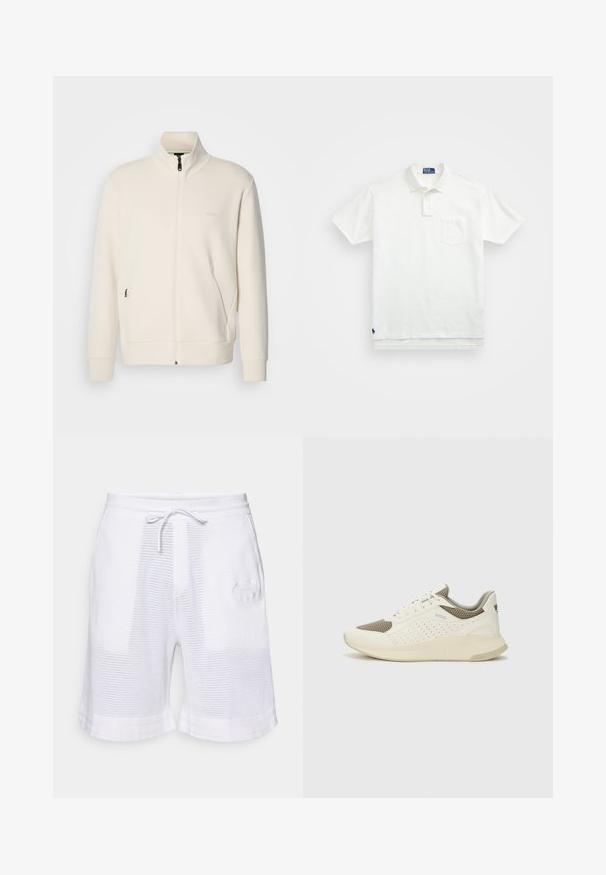 Ζακέτα σε off-white απόχρωση με κλείσιμο φερμουάρ, όρθιο γιακά, μακριά μανίκια, πλάγιες τσέπες και διακριτό λογότυπο "BOSS" στο αριστερό στήθος.; Λευκή πόλο μπλούζα από βαμβάκι, με κλασικό γιακά, τριπλή κουμπιέρα και τσέπη στο αριστερό στήθος; μικρό λογότυπο στο μανίκι.; BOSS HERITAGE - Αθλητικό σορτς - white; Λευκό και ανοιχτό μπεζ αθλητικό παπούτσι, με επάνω μέρος από διχτυωτό υλικό, διακοσμήσεις με περφορέ και υφή στην ενδιάμεση σόλα με επωνυμία στη φτέρνα.
