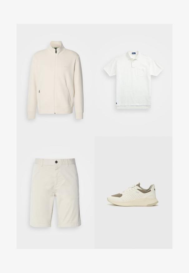 Krémová bunda na zips so stojatým golierom, dlhými rukávmi, bočnými vreckami a jemným logom "BOSS" na ľavej hrudi.; Biela polo tričko vyrobené z bavlny, s klasickým golierom, trojbuttonovou légou a vreckom na ľavej hrudi; malé logo na spodnom leme.; Svetlo béžové nohavice vyrobené z bavlny, s gombíkovým zapínaním, prednými vreckami a prešitým lemom. Hladká textúra s neformálnym dizajnom.; Biele a svetlo béžové športové tenisky s hornou časťou z mriežkového materiálu, perforovanými detailmi a textúrovanou medzipodrážkou s logom na päte.